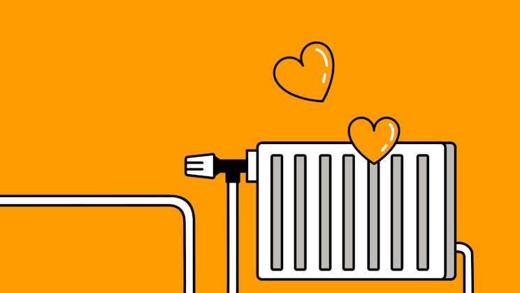 Piirroskuva lämpöpatterista josta nousee oransseja sydämiä