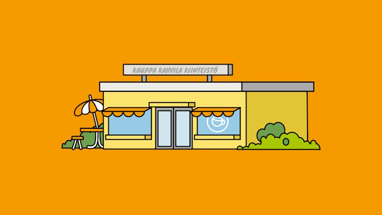 Piirroskuva kahvilakiinteistöstä oranssilla taustalla