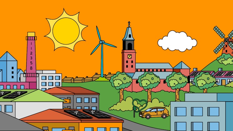 Piirretty maisema Turusta. Kuvassa Turun linna, tuomiokirkko ja Turku Energian voimalaitos.
