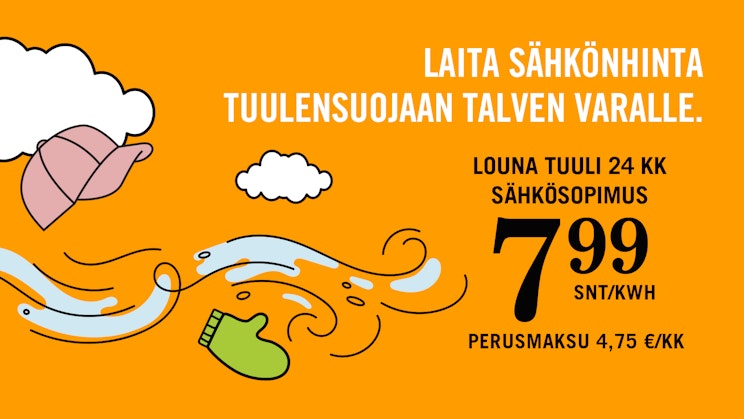 Piirroskuvassa tuulenpyörrre jonka mukana lentää lippalakki ja lapanen.