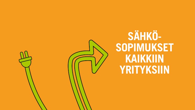 Vihreä sähköjohto, joka muodostaa nuolen. Piirroskuva. Teksti: Sähkösopimukset kaikkiin yrityksiin.
