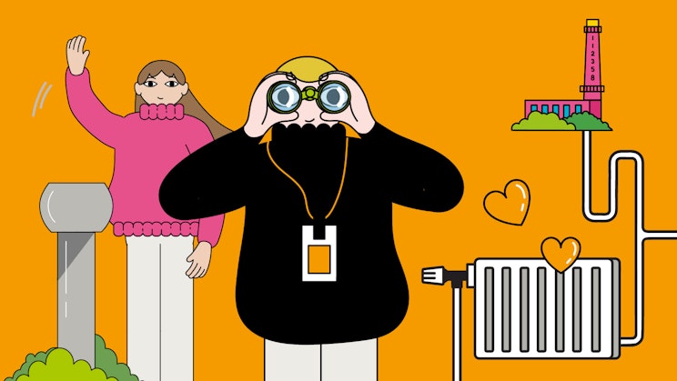 Piirroskuva kahdesta ihmisestä ja kaukolämpöön liittyvistä elementeistä.