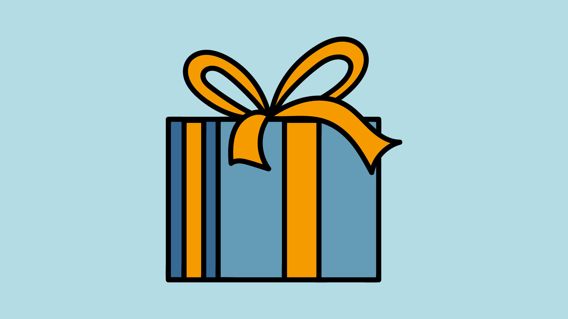 Piirroskuva sinisestä lahjapaketista, jossa on oranssi nauha, vaaleansinisellä taustalla.