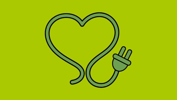 Piirroskuva sydämen muotoon taivutetusta sähköjohdosta, jonka päässä pistoke, vihreällä taustalla.