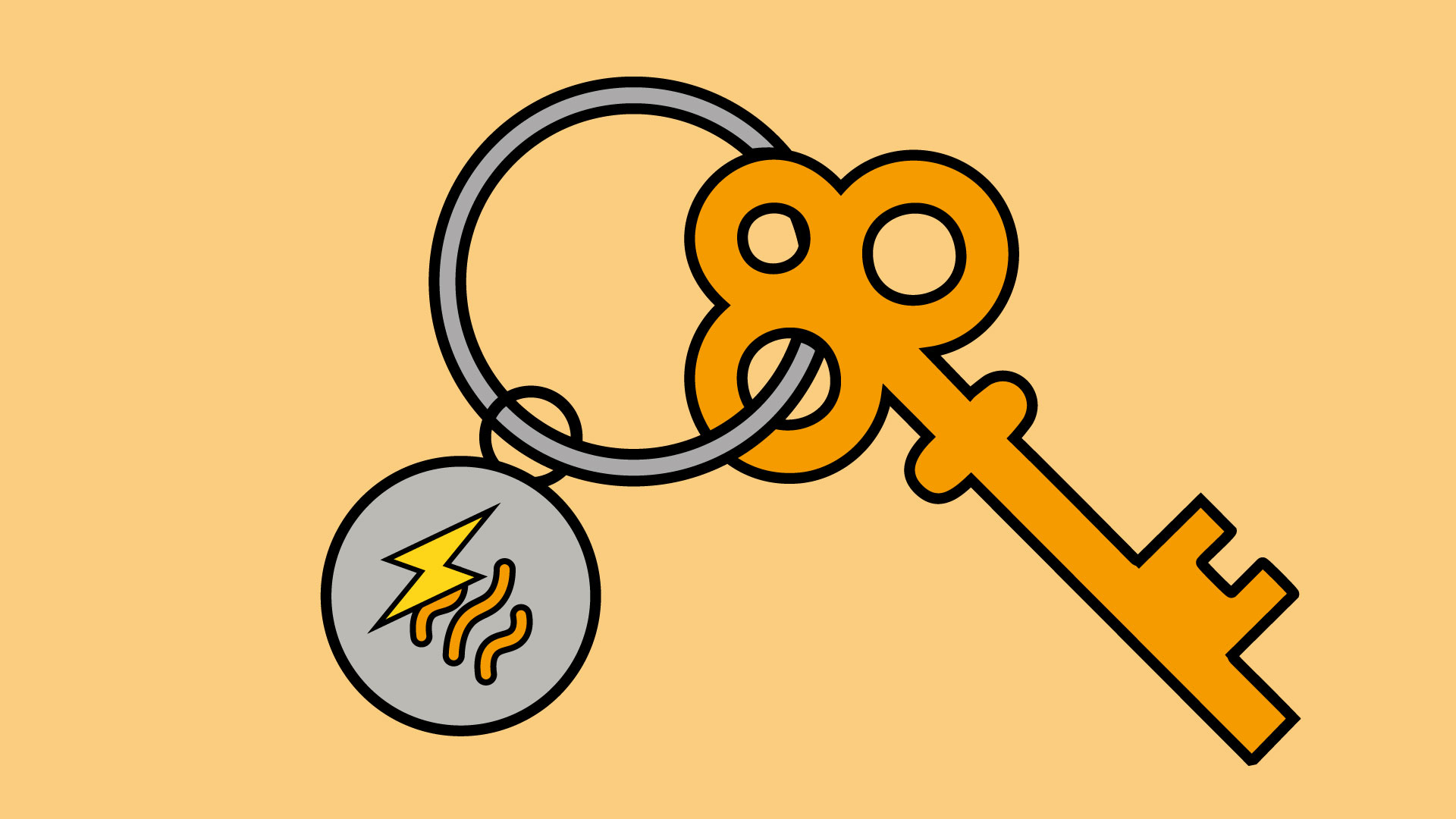 Piirroskuva oranssista avaimesta ja avaimenperästä, jossa on harmaa ympyrätagi keltaisella salama-ikonilla ja oranssilla lämpöenergiaa kuvaavalla aaltokuvio-ikonilla. Taustaväri on vaalea oranssi.