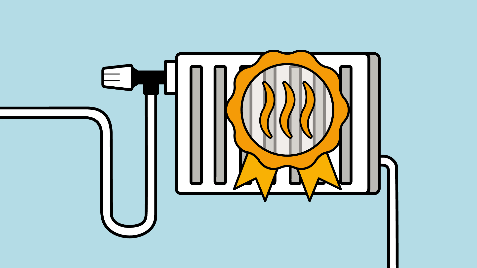 Piirroskuva valkoisesta patterista, jonka päällä on oranssi nauharosetti ja sen keskellä aaltoileva lämpösymboli, vaaleansinisellä taustalla.