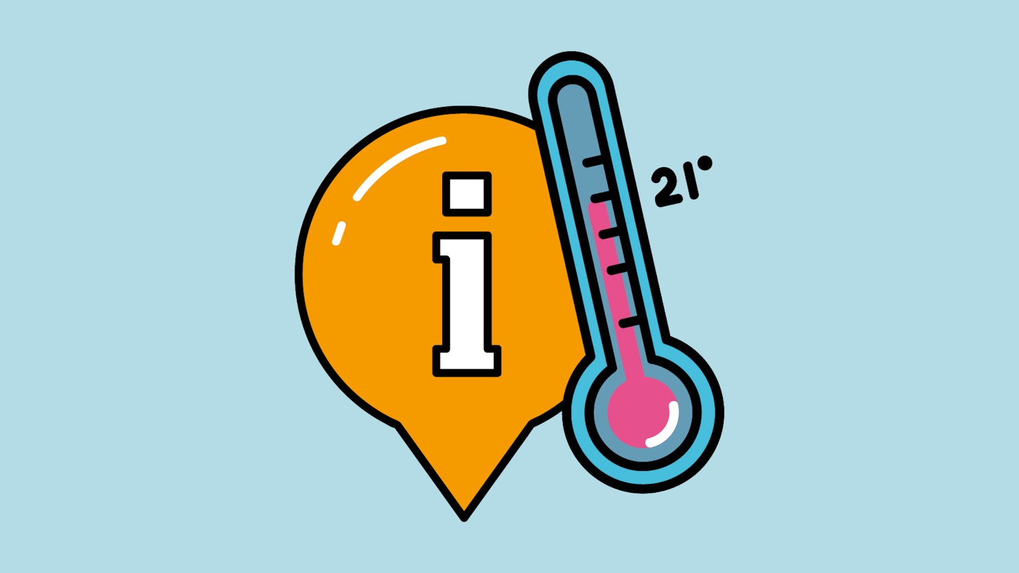 Piirroskuva, jossa oranssi informaatiokuvake ja sinisävyinen lämpömittari, jonka lukema on 21 astetta.