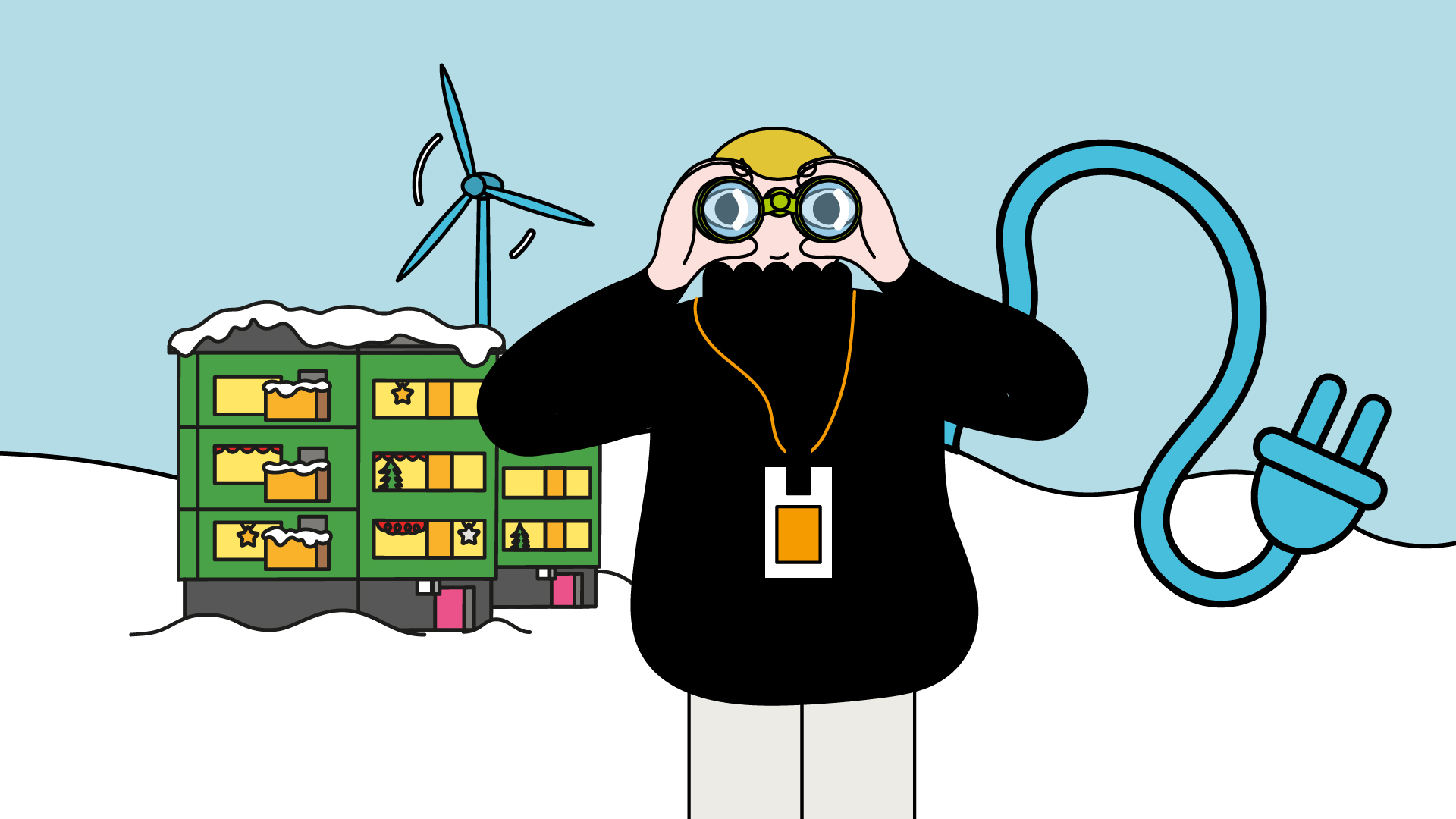 Piirroskuva talvisesta maisemasta, jossa etualalla henkilö katsoo kiikareilla. Henkilöllä on kaulassa oranssi tunniste ja takana näkyy suuri sininen sähköpistoke. Taustalla on vihreä kerrostalo, jonka ikkunoissa on jouluvaloja ja lunta katolla, sekä tuulivoimala.