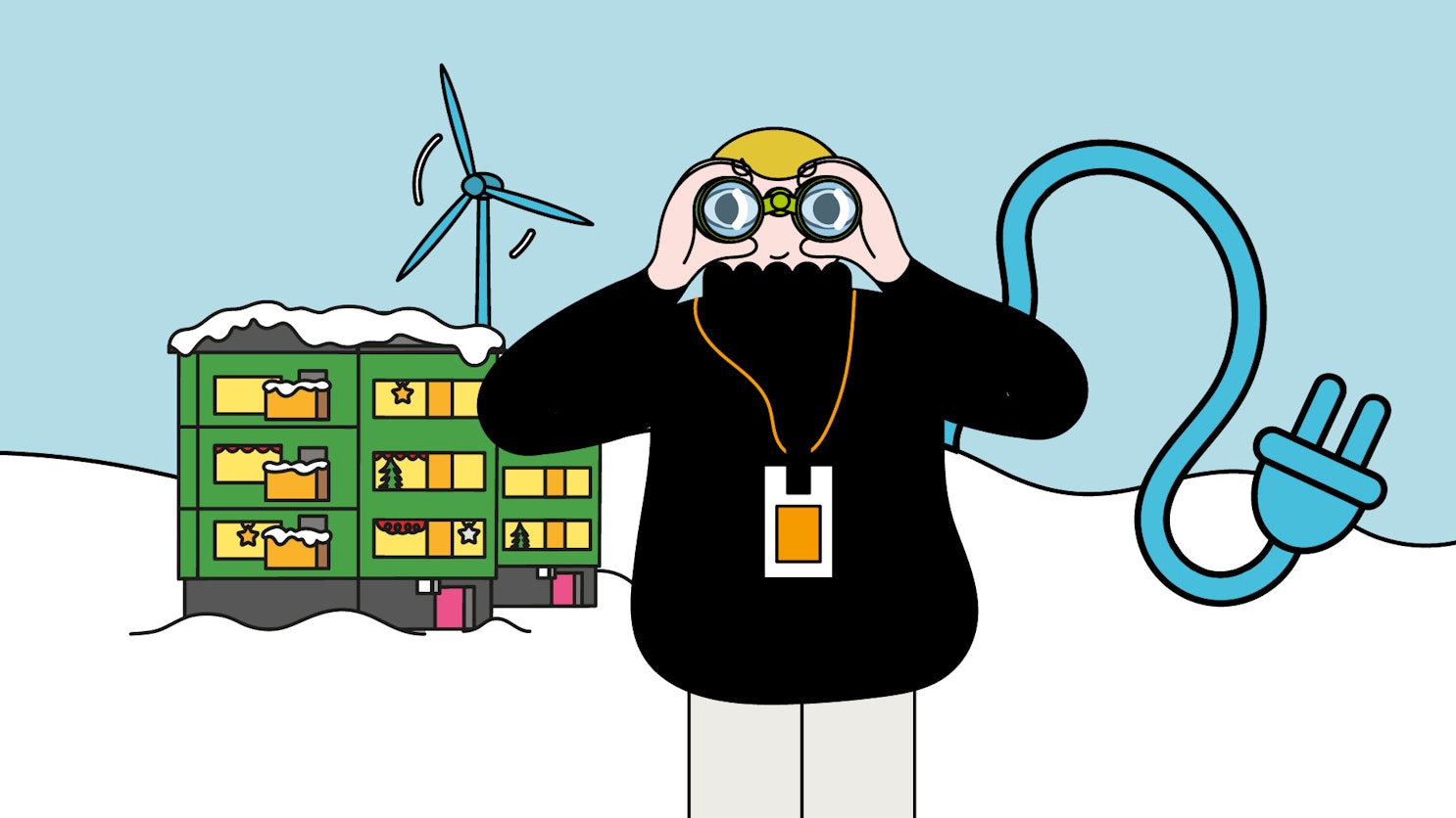 Piirroskuva talvisesta maisemasta, jossa etualalla henkilö katsoo kiikareilla. Henkilöllä on kaulassa oranssi tunniste ja takana näkyy suuri sininen sähköpistoke. Taustalla on vihreä kerrostalo, jonka ikkunoissa on jouluvaloja ja lunta katolla, sekä tuulivoimala.