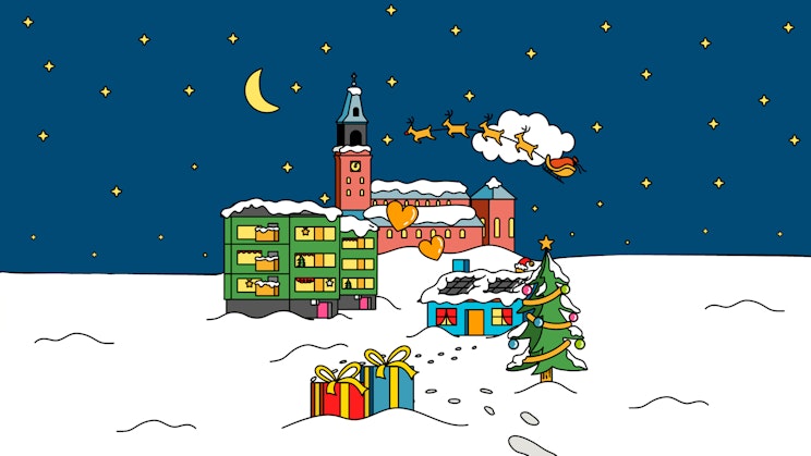 Piirroskuva lumisesta kaupungista.