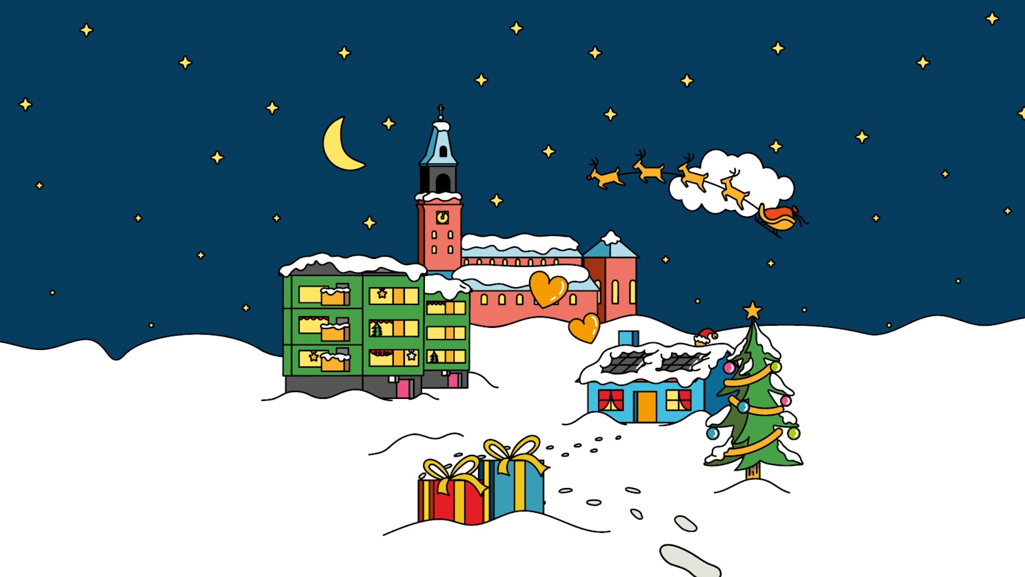 Piirroskuva lumisesta kaupungista.