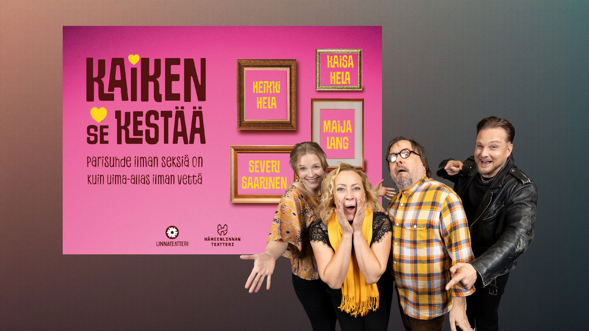 Linnateatterin Kaiken se kestää -näytöksen mainoskuva.