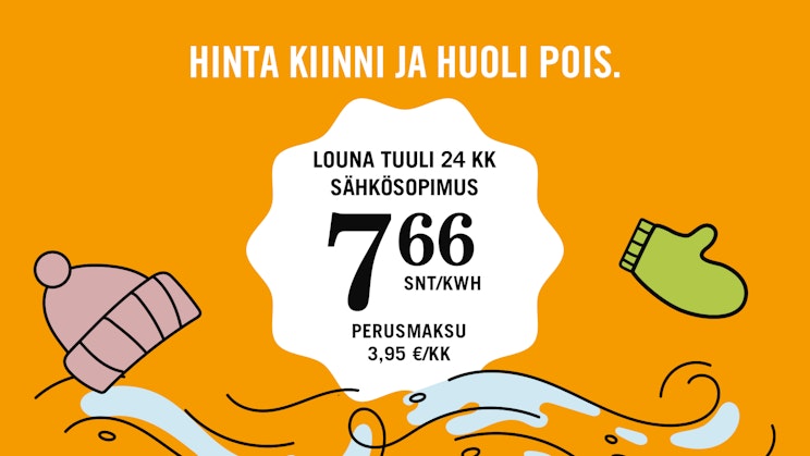 Piirroskuva tuulentuiverruksesta, jonka mukana lentää pipo ja hanska.