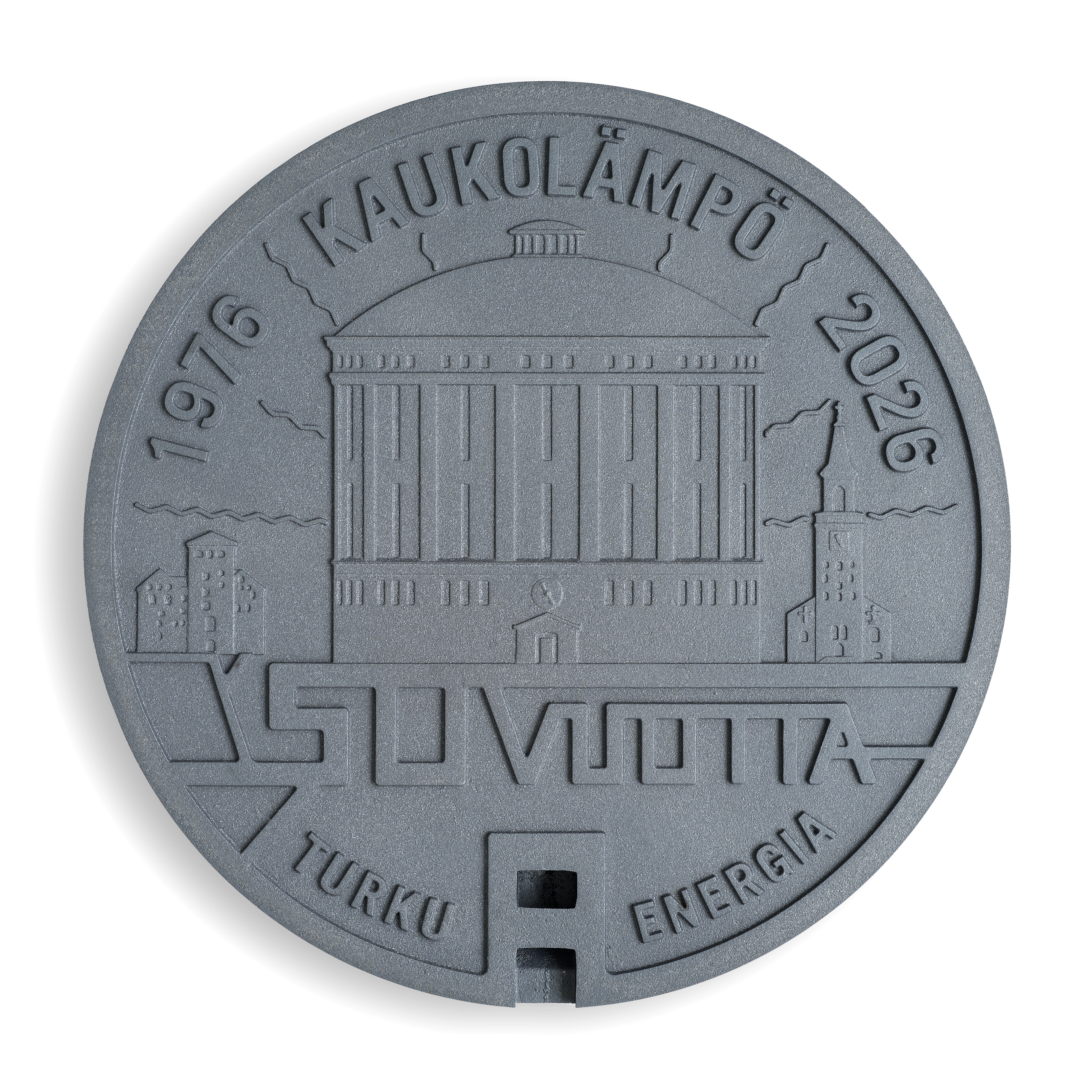 Valurautainen kaivonkansi, jossa kaasukello keskellä ja maan alla kulkeva kaukolämpöverkosto