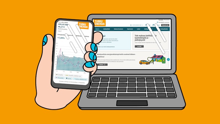 Piirroskuva verkkoasiointipalvelusta puhelimen ja tietokoneen ruudulla.