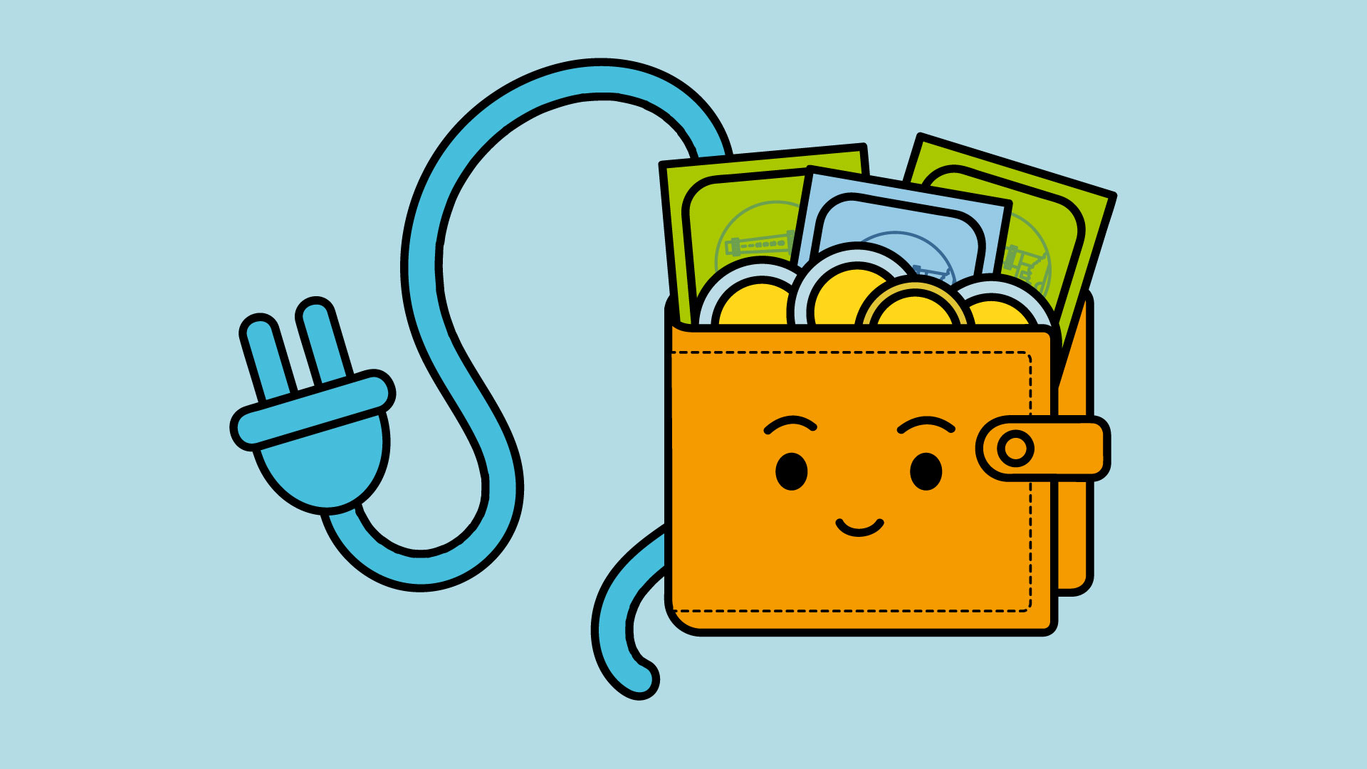 Piirroskuva lompakosta, josta pilkottaa rahaa, ja sähköjohdosta.