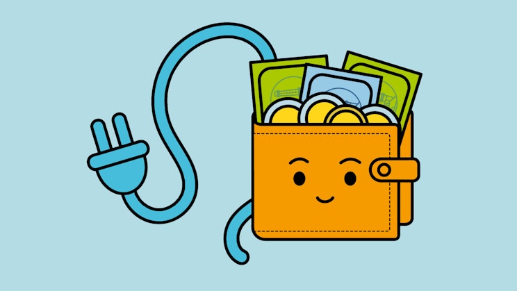 Piirroskuva lompakosta, josta pilkottaa rahaa, ja sähköjohdosta.