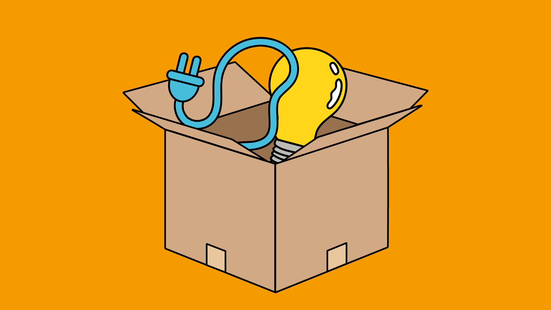 Piirroskuva muuttolaatikosta, jonka sisälle on pakattu sähköjohto ja lamppu.