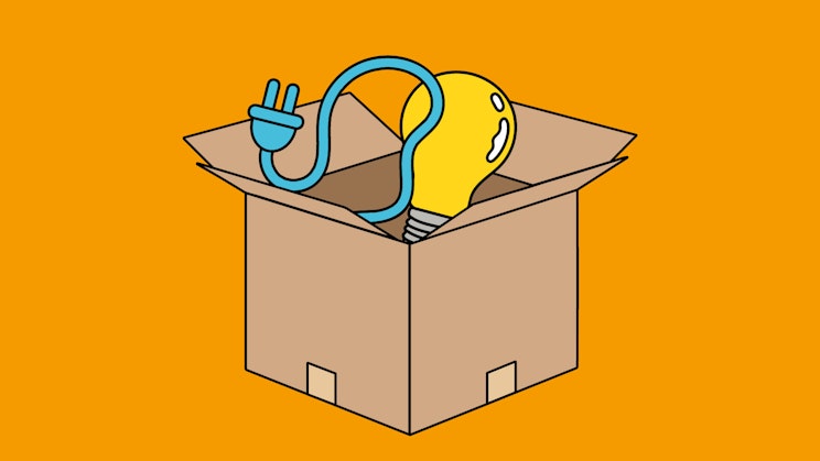 Piirroskuva muuttolaatikosta, jonka sisälle on pakattu sähköjohto ja lamppu.