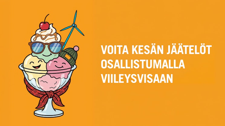 Piirroskuva hymyilevästä jäätelöannoksesta, vieressä teksti: "Voita kesän jäätelöt osallistumalla viileysvisaan"