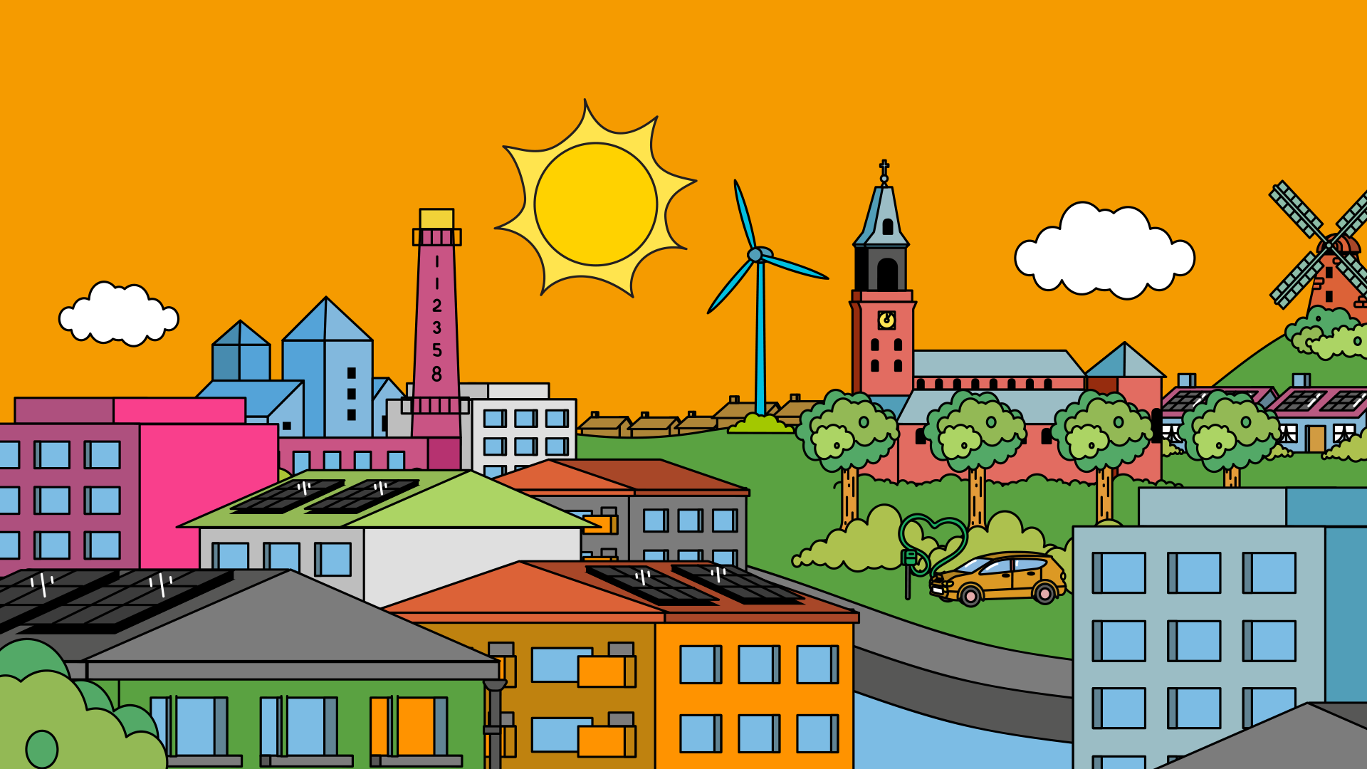 Turun kaupunkimaisema, jossa näkyvät Turku Energian vanha voimalaitos tunnusomaisine savupiippuineen ja Fibonacci-lukujonoineen, Turun tuomiokirkko, Samppalinnan tuulimylly sekä energiaan liittyviä elementtejä, kuten aurinkopaneeleja, tuulivoimala ja sähköauto.