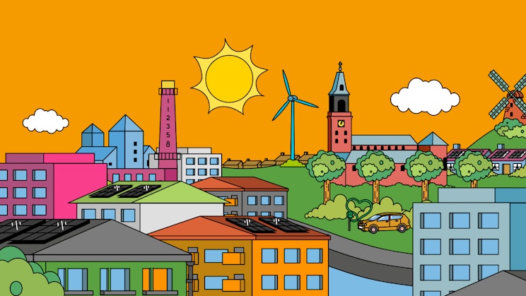 Turun kaupunkimaisema, jossa näkyvät Turku Energian vanha voimalaitos tunnusomaisine savupiippuineen ja Fibonacci-lukujonoineen, Turun tuomiokirkko, Samppalinnan tuulimylly sekä energiaan liittyviä elementtejä, kuten aurinkopaneeleja, tuulivoimala ja sähköauto.