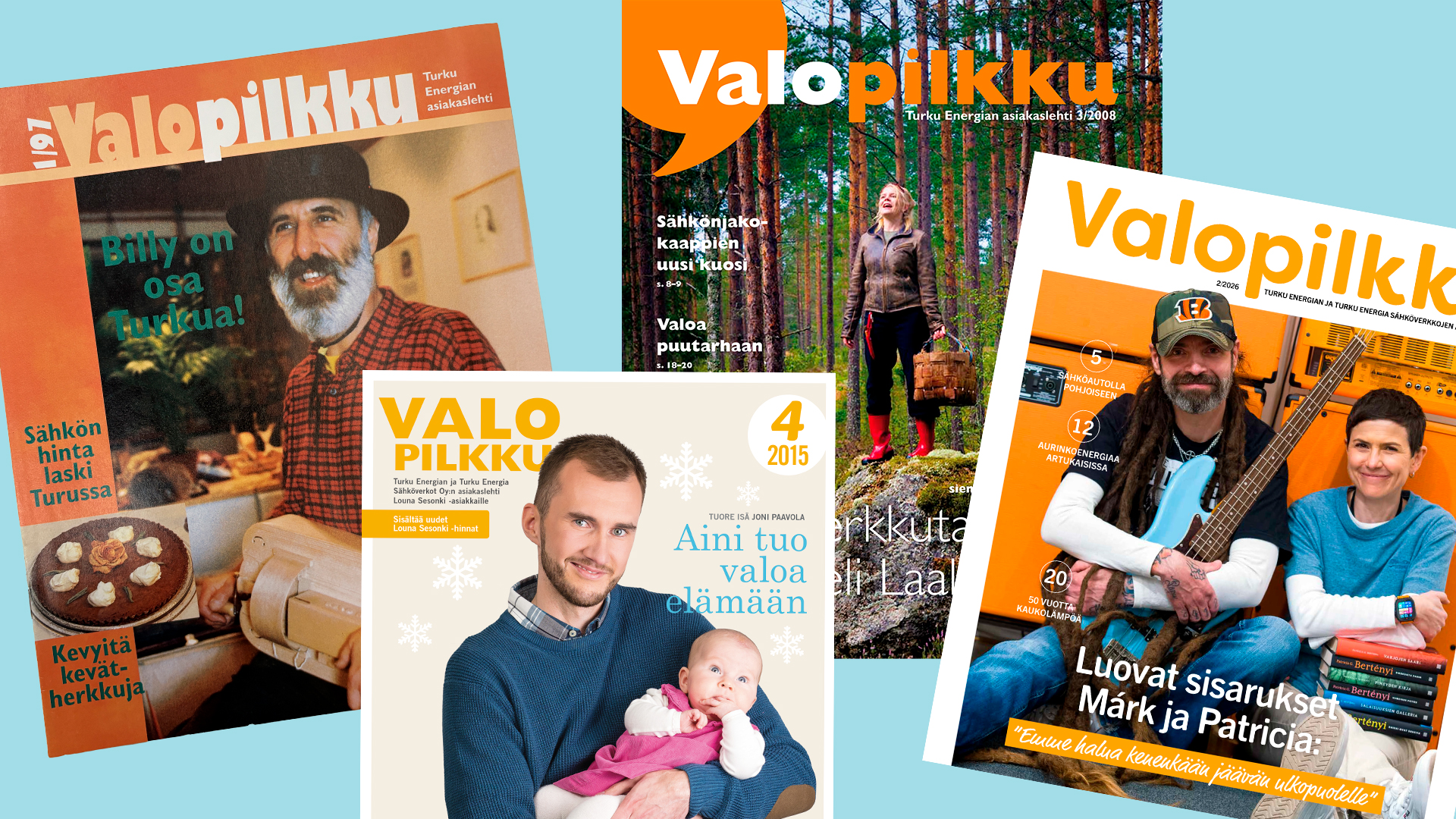 Turku Energian Valopilkku-lehden kansia vuosien varrelta.