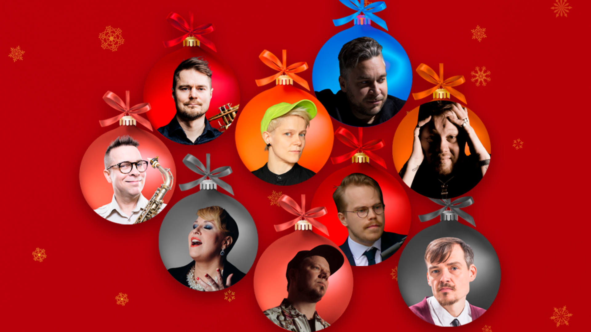 Jazzjoulu 2026 -konsertin kuvituksessa esiintyvät tapahtuman muusikot joulupallojen sisällä punaisella taustalla.