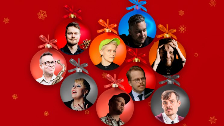 Jazzjoulu 2026 -konsertin kuvituksessa esiintyvät tapahtuman muusikot joulupallojen sisällä punaisella taustalla.