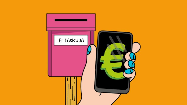 Piirros sähköisestä laskutuksesta: kädessä on euromerkillä varustettu puhelin, ja taustalla tyhjä postilaatikko, jossa lukee ”Ei laskuja”.