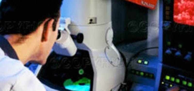 dr. looking through a microscope