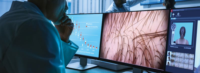 Man looking at a close up of hair on a computer