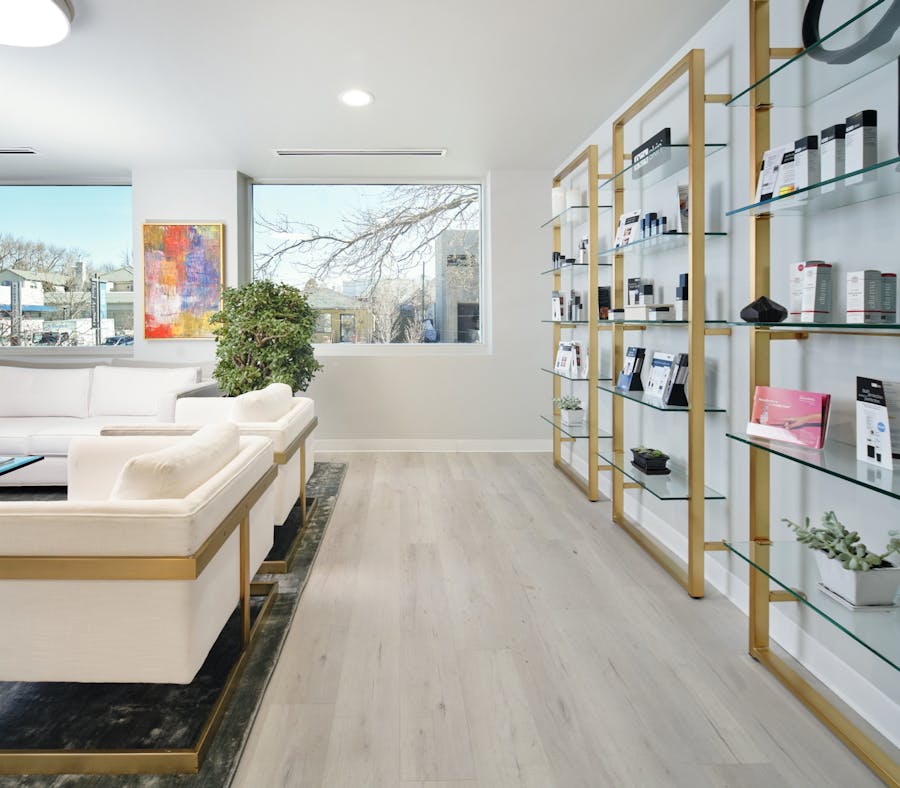 Waiting room facial product shelving.