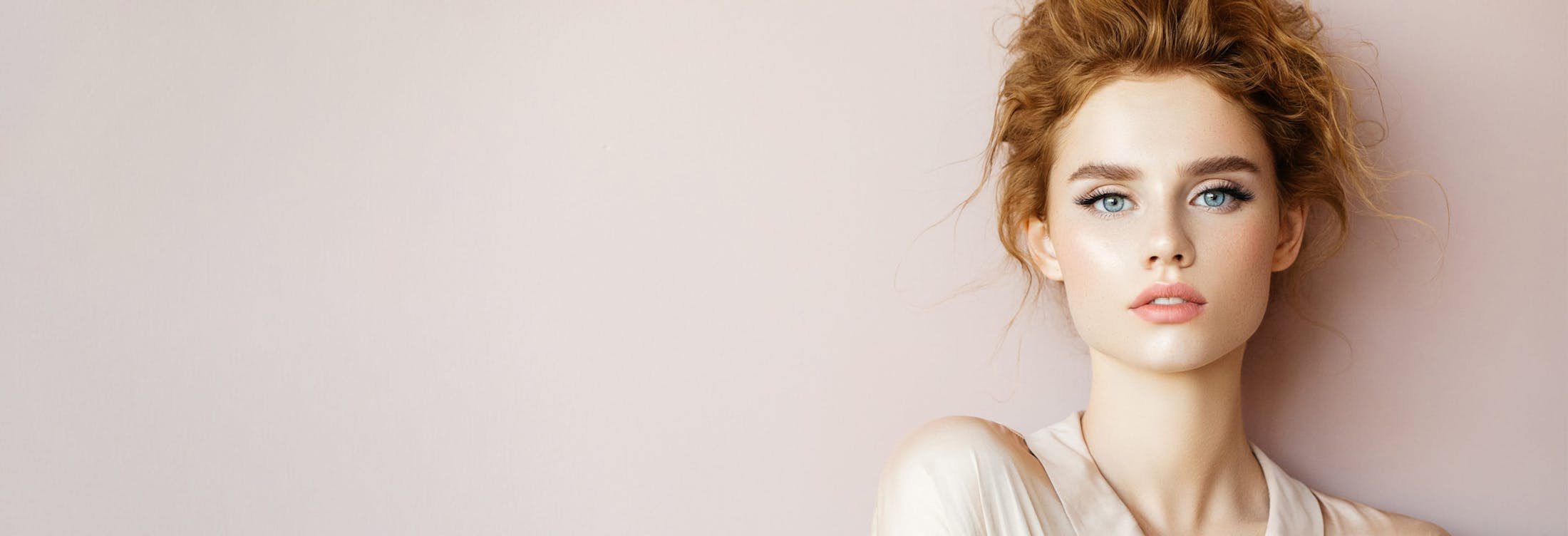 Woman with curly red hair in an updo and blue eyes