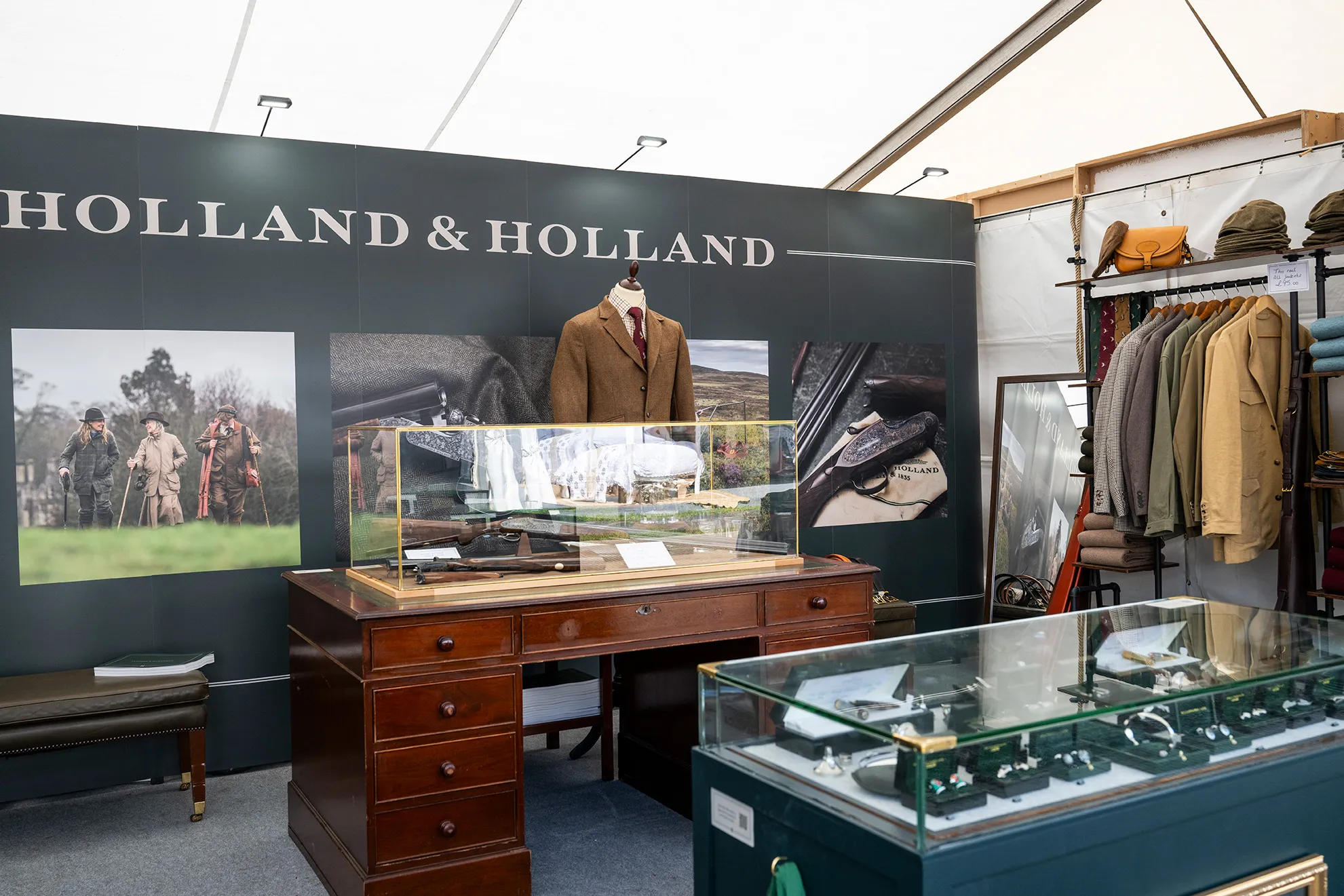 Holland and holland stand at the Royal Windsor Horse show. Showcasing ‘Royal’ Side by Side and ‘Royal’ Over & Under shotguns and clothing and accessories