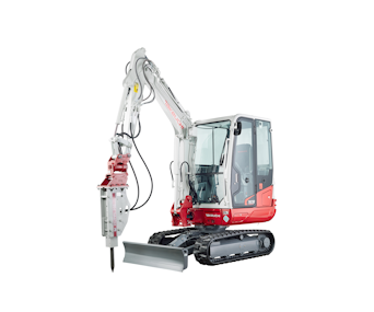 bagger takeuchi tb230 mit hydraulikhammer aufgestellt