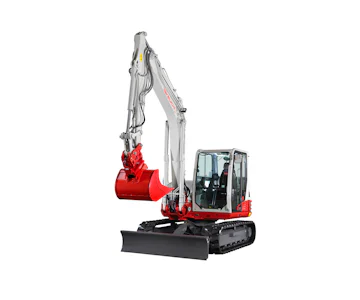 Midibagger Takeuchi TB290 online mieten bagger takeuchi tb290 von vorne arm hochgefahren