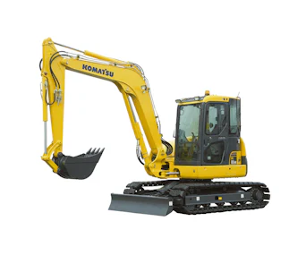 Bagger Komatsu PC80MR online mieten bagger komatsu pc80mr von vorne