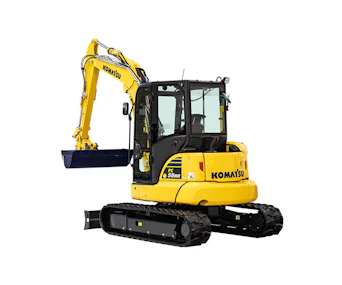 Midibagger Komatsu PC58MR online mieten midibagger komatsu pc58mr von hinten mit sicht auf kurzheck