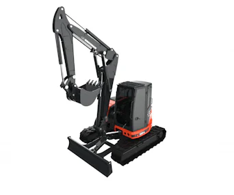 Midibagger Eurocomach TR100 online mieten midibagger eurocomach tr100 schraeg von der seite mit loeffel