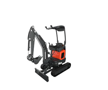 Minibagger Eurocomach 14SR online mieten minibagger eurocomach 14sr schraeg von der seite mit loeffel