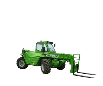 Teleskopstapler Merlo P 38.14 online mieten teleskopstapler merlo p 38 14 von der seite mit gabel
