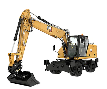 Mobilbagger Caterpillar M316D online mieten mobilbagger caterpillar m316d schraeg von der seite