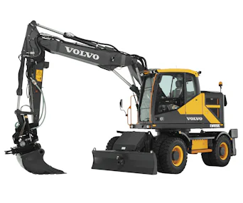 Mobilbagger Volvo EWR150E online mieten mobilbagger volvo ewr150e schraeg von der seite