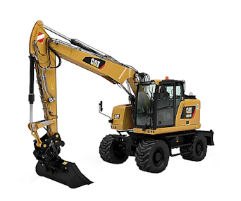 mobilbagger caterpillar m317f schraeg von der Seite