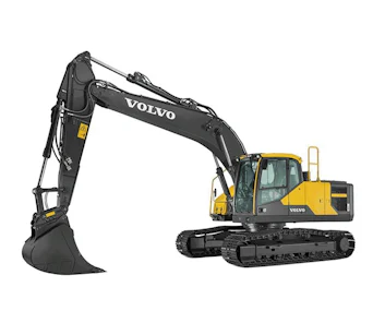 Kettenbagger Volvo EC220E online mieten kettenbagger volvo ec220e schraeg von der seite