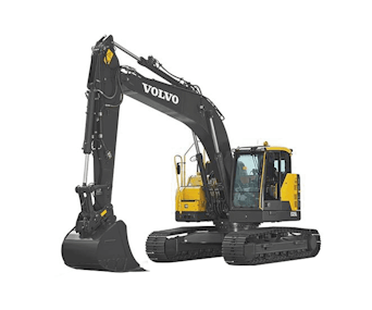 kurzheckbagger volvo ecr235e schraeg von der seite