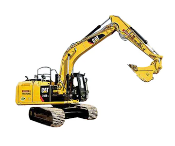 Mobilbagger Caterpillar M316-E online mieten mobilbagger caterpillar m316 e schraeg von der seite