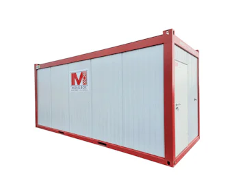 Bürocontainer MB20 von Mobilbox Bürocontainer MB20 von Mobilbox schraeg von vorne