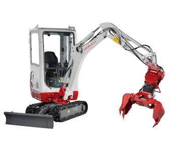 bagger takeuchi tb216 von der seite mit greifer